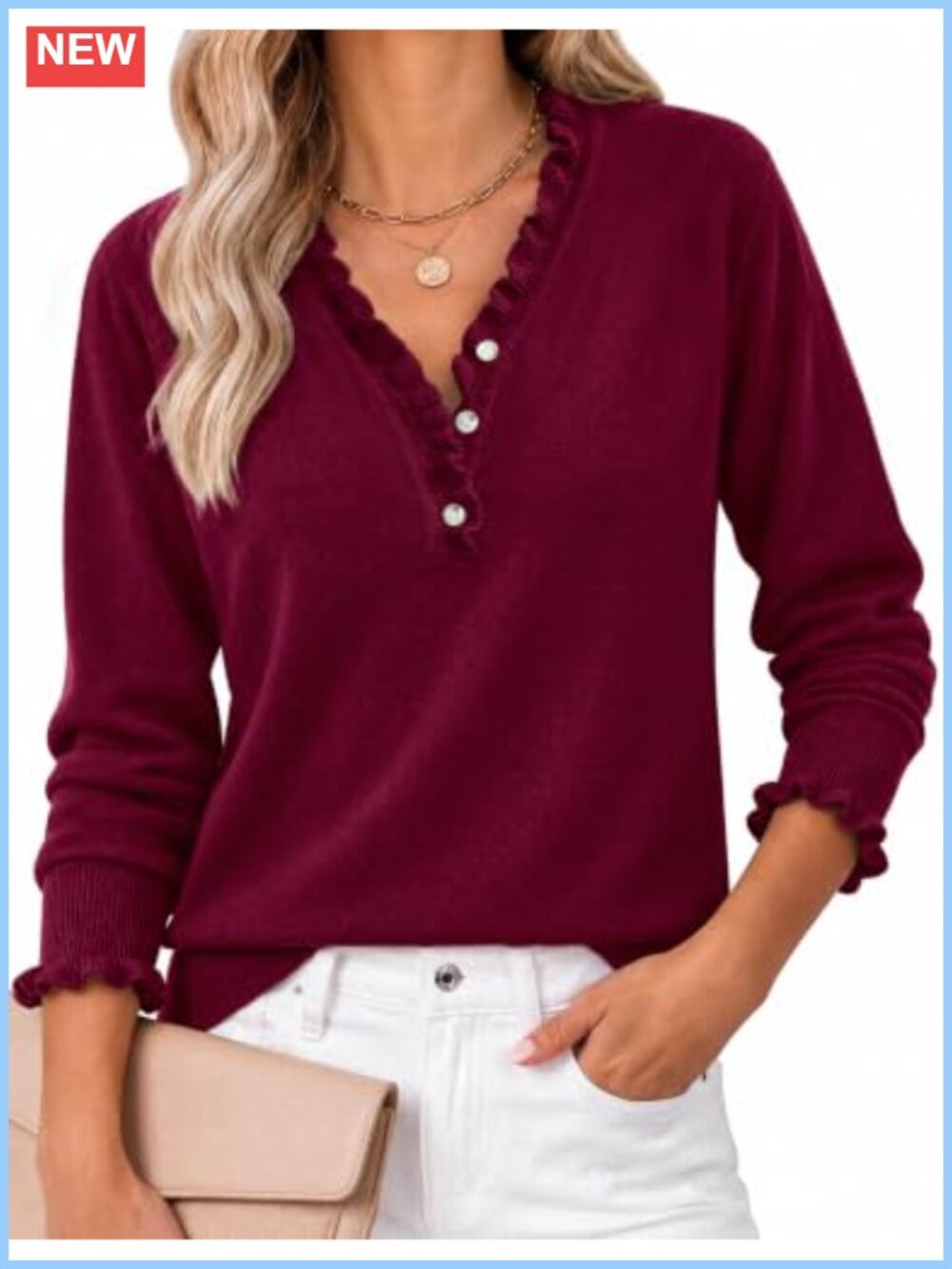Women's Ruffle V Neck Long Sleeve Knit Pullover Sweater
